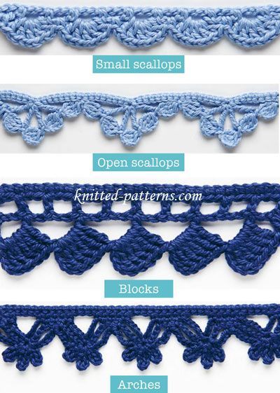 Learn how to crochet four different edgings and trims: Small scallops, Open scallops, Blocks and Arches. Courtesy