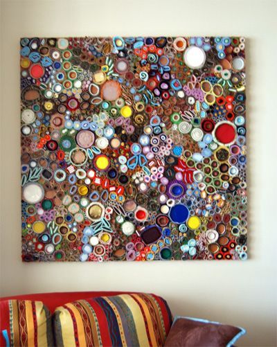 Lee Gainer — “….fabric, paper, felt, foil, caps, carpet, metal, plastic, styrafoam, dried paint, beads, padding and cardboard