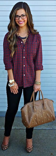Love the plaid shirt and overall look. Heels are awesome and unexpectedly work with the outfit!