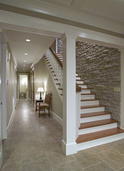 Love the stone wall down the basement stairs — Staircase Design, Pictures, Remodel, Decor and Ideas
