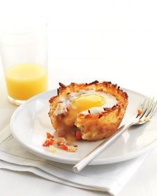 Martha’s Denver Omelet Cups…frozen hash browns, ham steak, red pepper, cheddar…baked in jumbo muffin cups