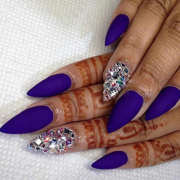 Matte Purple + Rhinestones Stiletto Nails