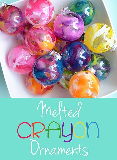 MELTED CRAYON ORNAMENTS~ They’re easy to make, and they’re beautiful. All the crayon drippings are INSIDE the ornament too, so