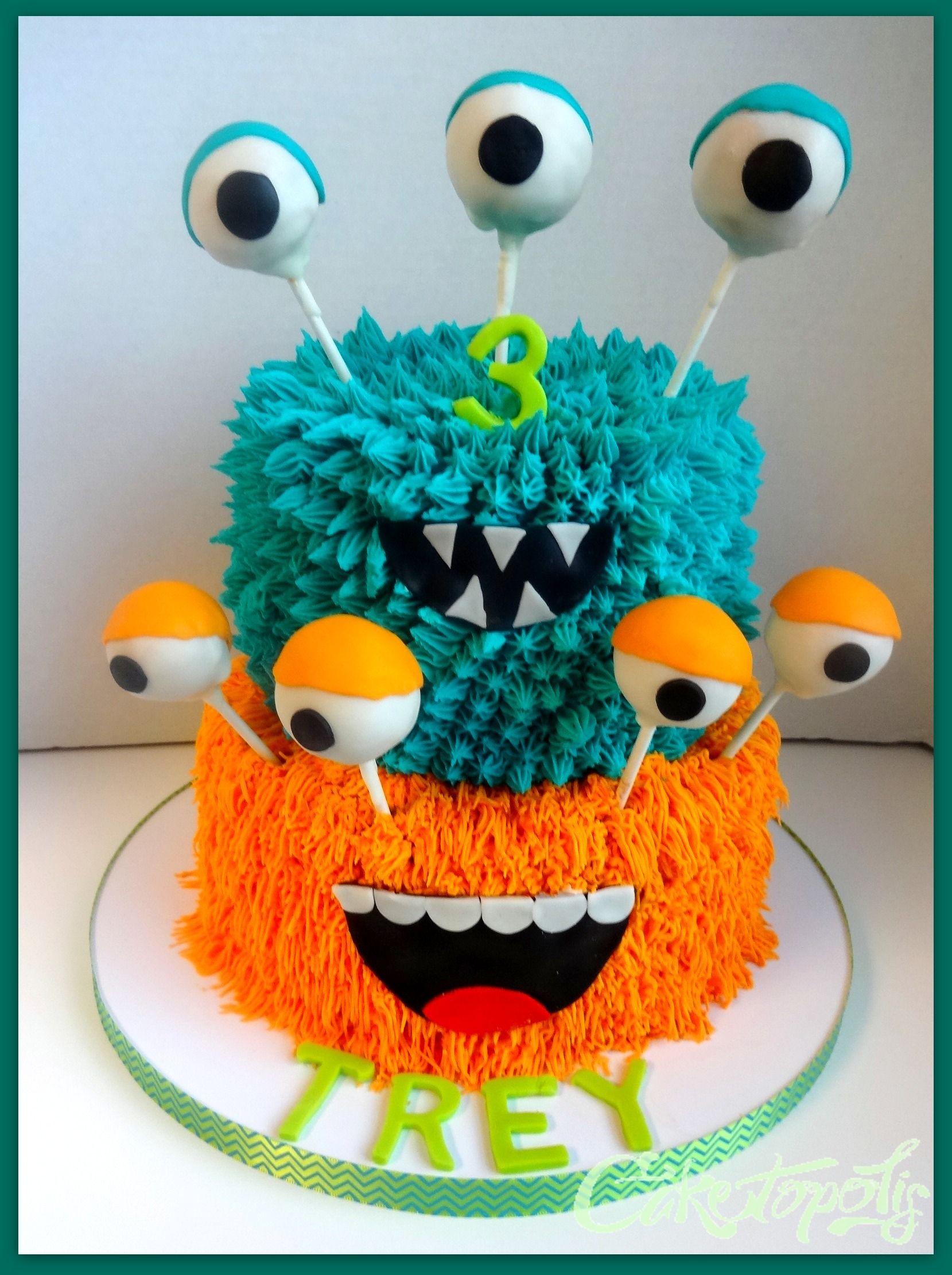 Monster Birthday Cake – Buttercream monster cake with cake balls for the eyes.
