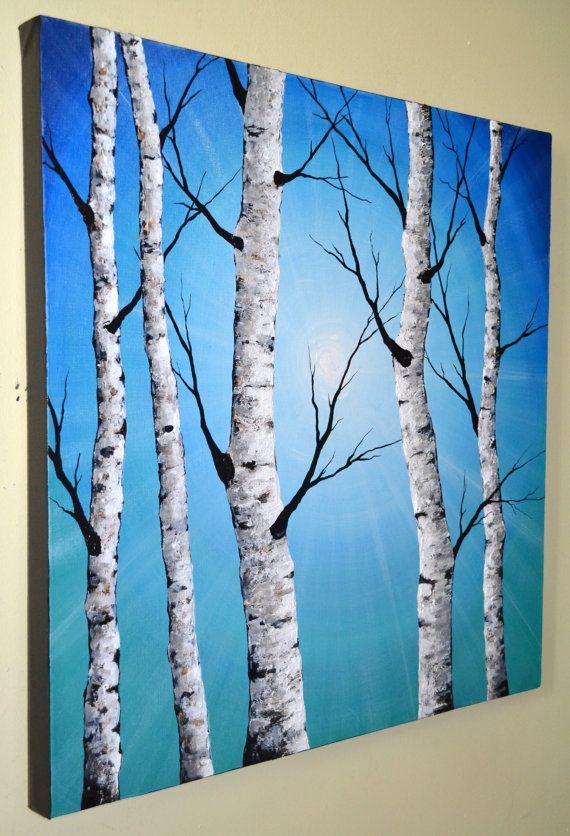 ORIGINAL Abstract Contemporary Art Textured Birch Tree Painting 24×24 Home Decor Modern Aspen Tree Artwork Blue Landscape, Wall