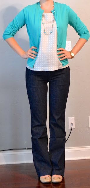 Outfit Posts: teal cardigan, grey polkadot blouse, trouser jeans (Like: teal cardigan/bright cardigan + matching necklace, dark