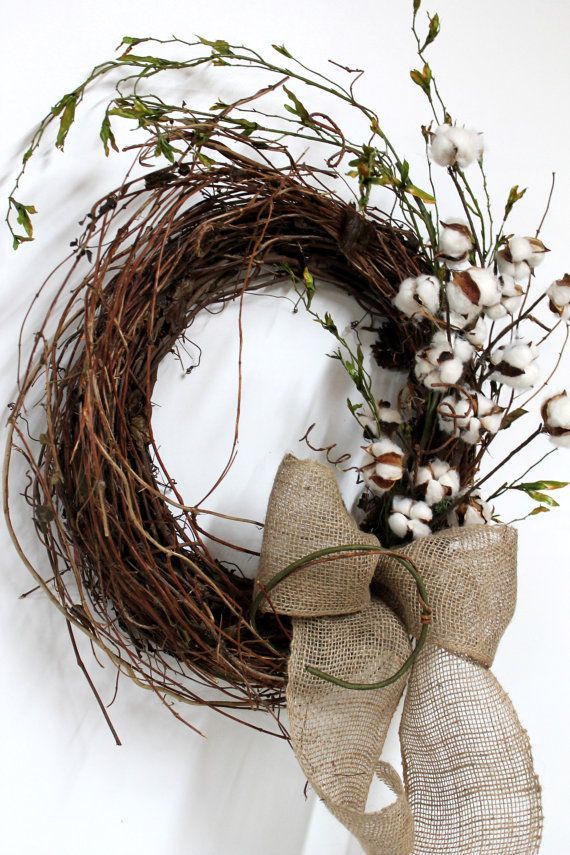 Primitive Front Door Wreath, Primitive Cotton on Twigs, Primitive Vine. Have some gold painted vines mixed into the wreath and a