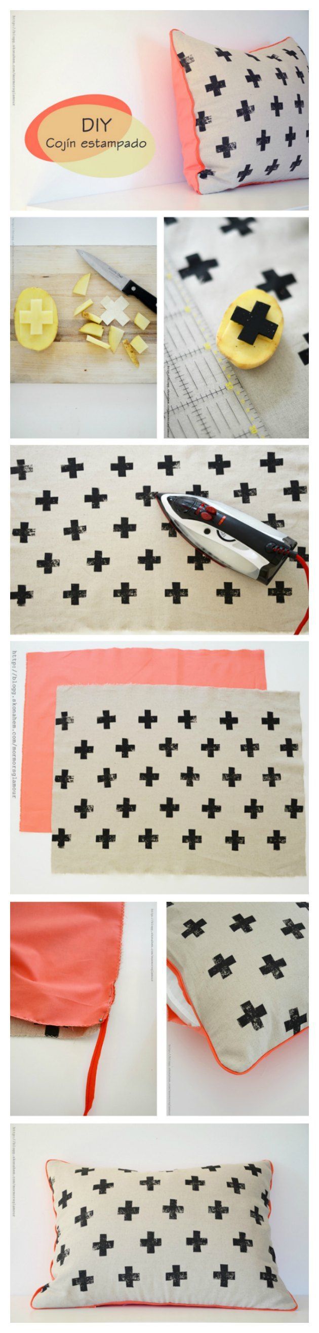 print man selv kan lave på tekstil her en pude med små krydser lavet af kartoffeltryk