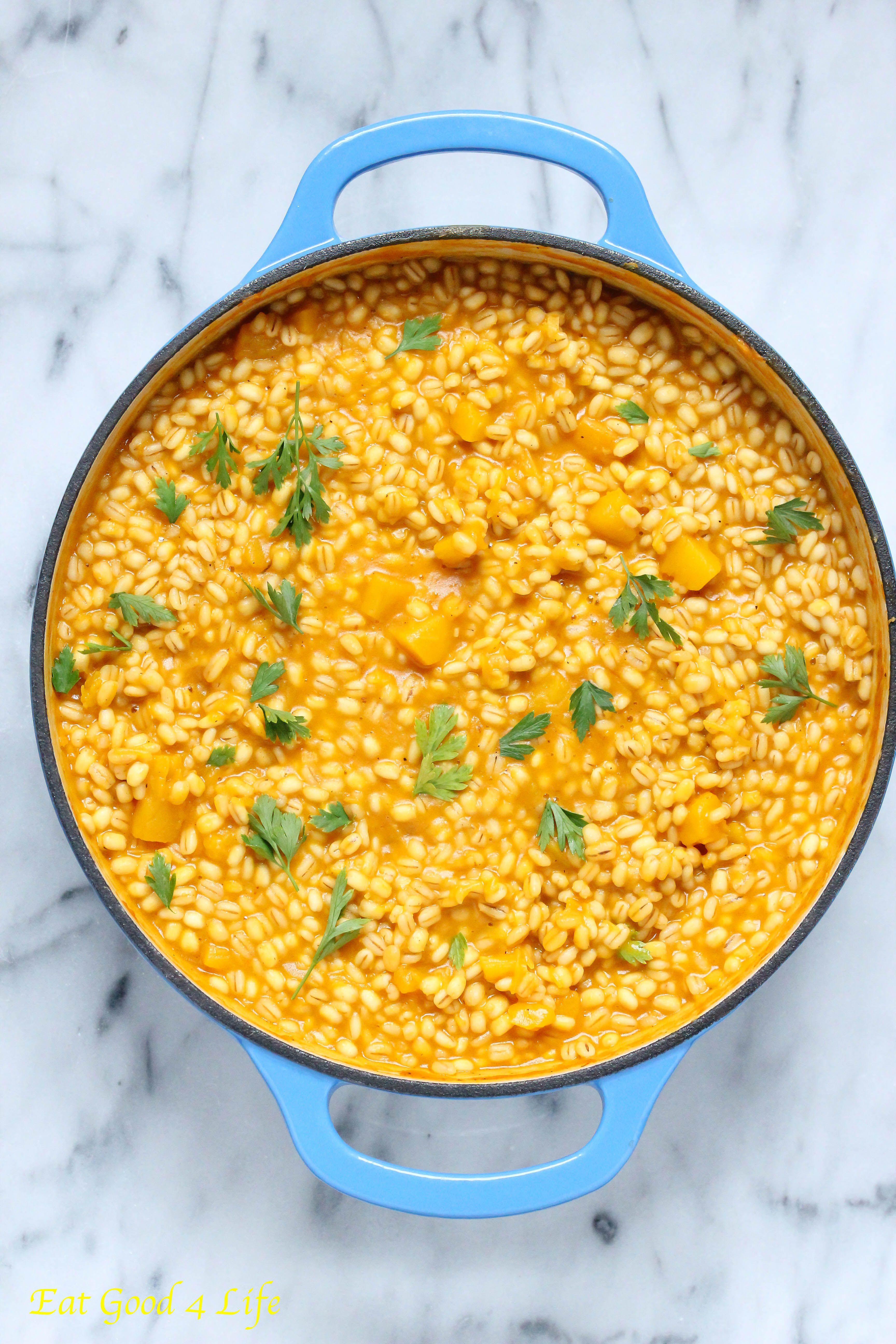 Pumpkin barley risotto made healthier than regular versions. This one is got tons of flavor with hardly any calories added!