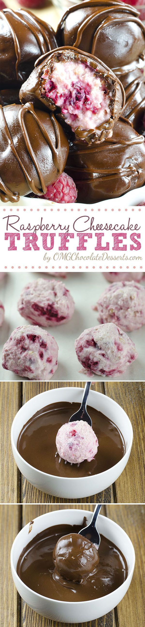 Raspberry Cheesecake Truffles are delicious, sweet and tart bites of creamy cheesecake filling hidden inside chocolate shell.