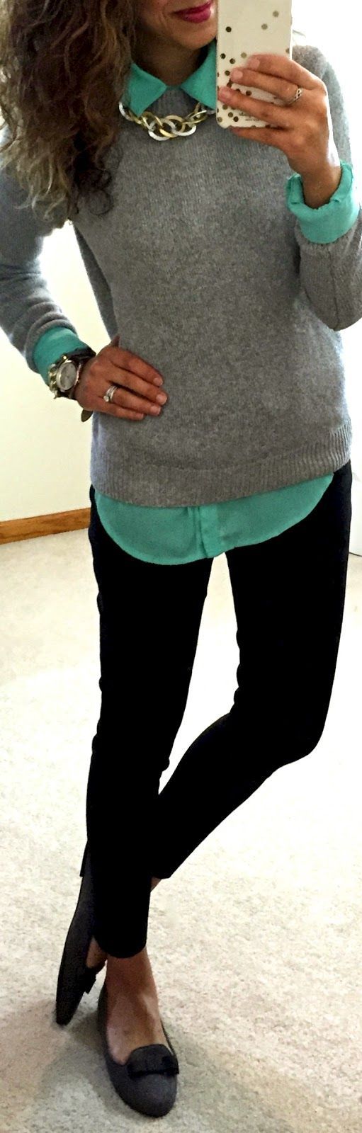 Really like the blouse/sweater/necklace look and cute with black pants for work (but nothing a fan of the mint color)
