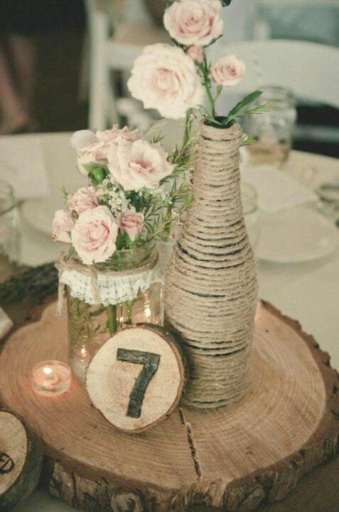 Rustic Centerpiece with table number….LOVE THIS!!! Perfect for vintage outdoor wedding