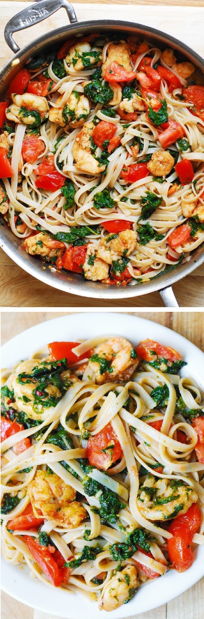 Shrimp, fresh tomatoes, and spinach with fettuccine pasta in garlic butter sauce.