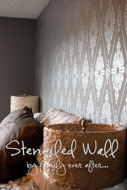 Silver stenciled wall – stunning – “Diamond Damask” Cutting Edge stencil, Martha Stewart Polished Silver metallic paint & Behr
