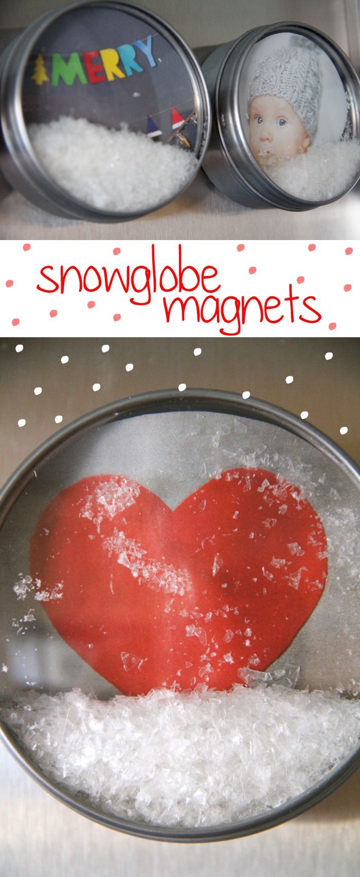 Snowglobe magnets made of magnetic spice tins from Ikea and pictures cut out of catalogs.