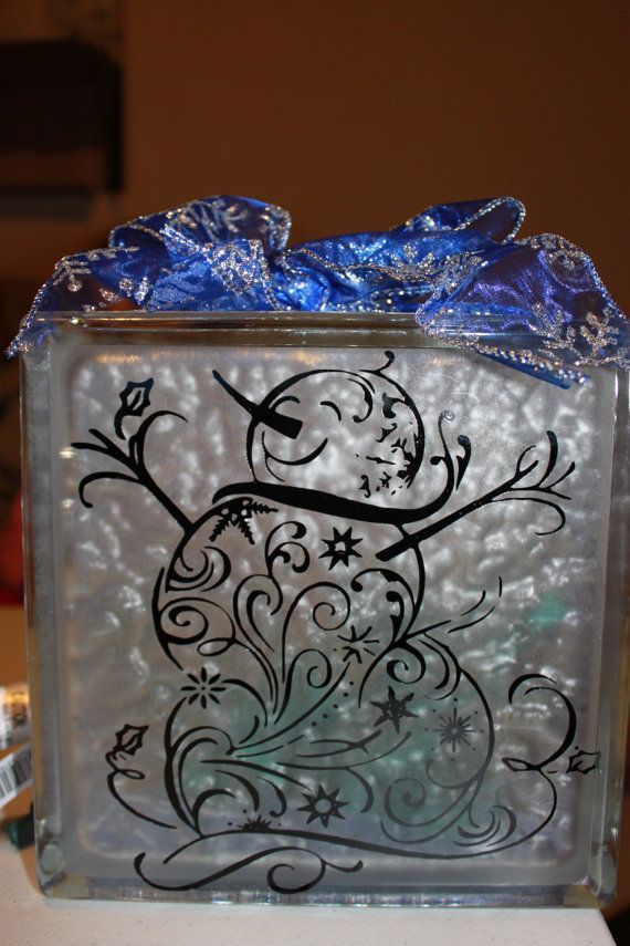 Snowman Glass Block with Vinyl and Lights by WorldofAKD on Etsy, $20.00
