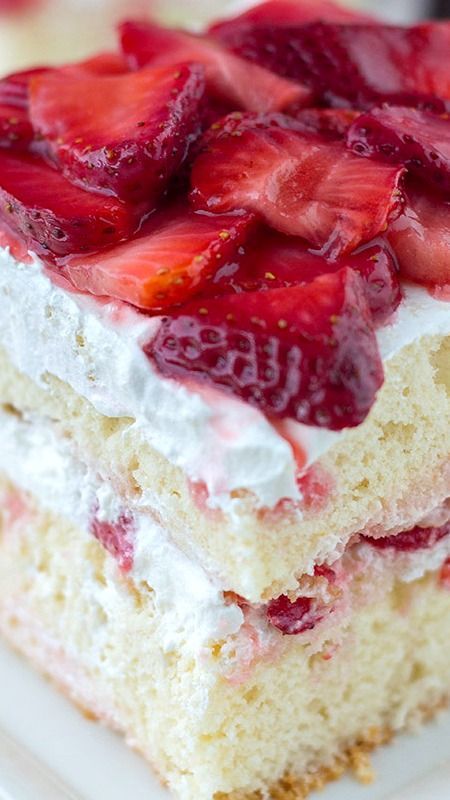 Strawberry Shortcake ~ Easy recipe with 2 gourmet layers of cake filled with whipped cream and sliced strawberries.