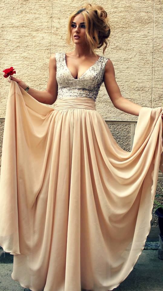 Stunning Sequined Long Champagne V Neck A Line Prom Dress bought from okbridal