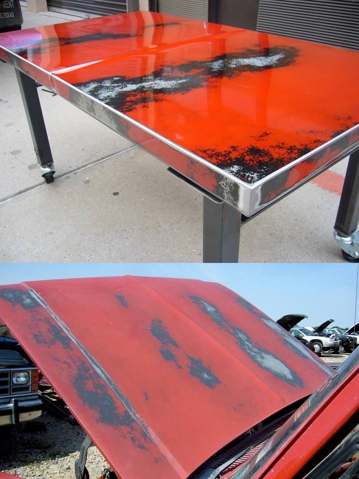 Reclaimed sheetmetal from an old car makes a pretty cool table.