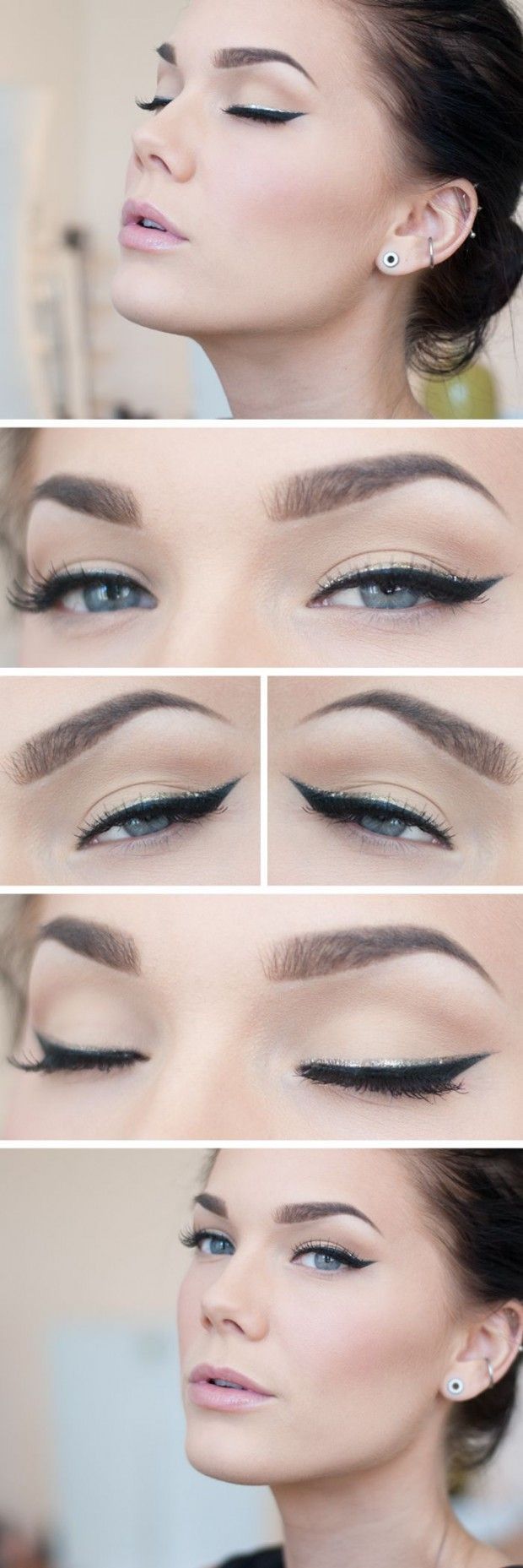 The black cat eyeliner is classic and the gold line above adds a special detail which can match your accessories and bring out