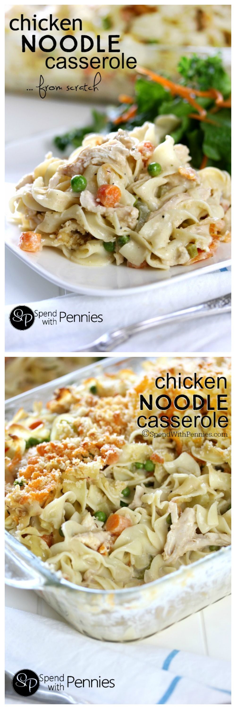 This Creamy Chicken Noodle Casserole is made from scratch! Easy & cheesy it’s quick to make loaded up with veggies (not salt) & it