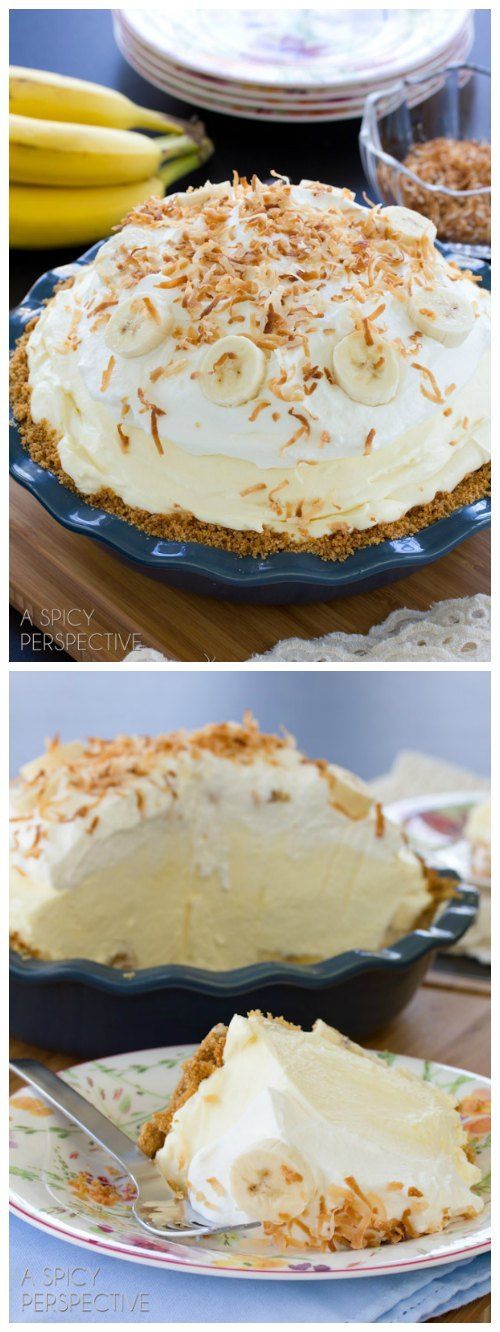 This fluffy banana cream pie recipe is piled high with fresh ripe bananas and creamy vanilla filling, then topped with pillowy