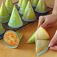 This is smart…Bake cake in snow cone cups for party hat cakes, princess castles, Christmas trees, etc…