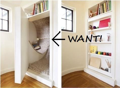 This kid’s bookshelf opens to a secret reading nook. A SECRET READING NOOK. I would’ve never left. (from Everything About