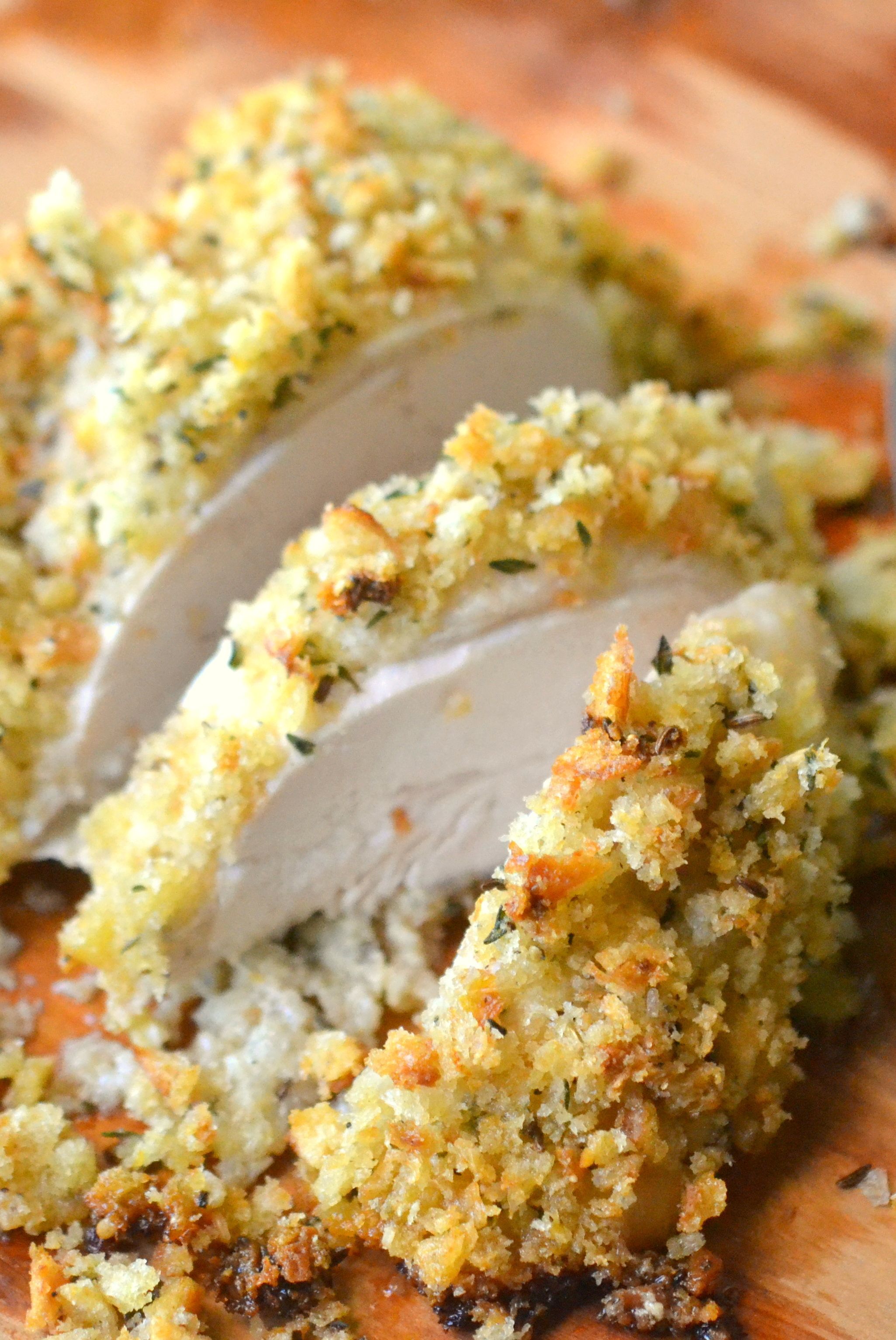 This wonderful chicken is roasted with a zippy mustard,herb and lemon breadcrumb crust — Ina is the best!