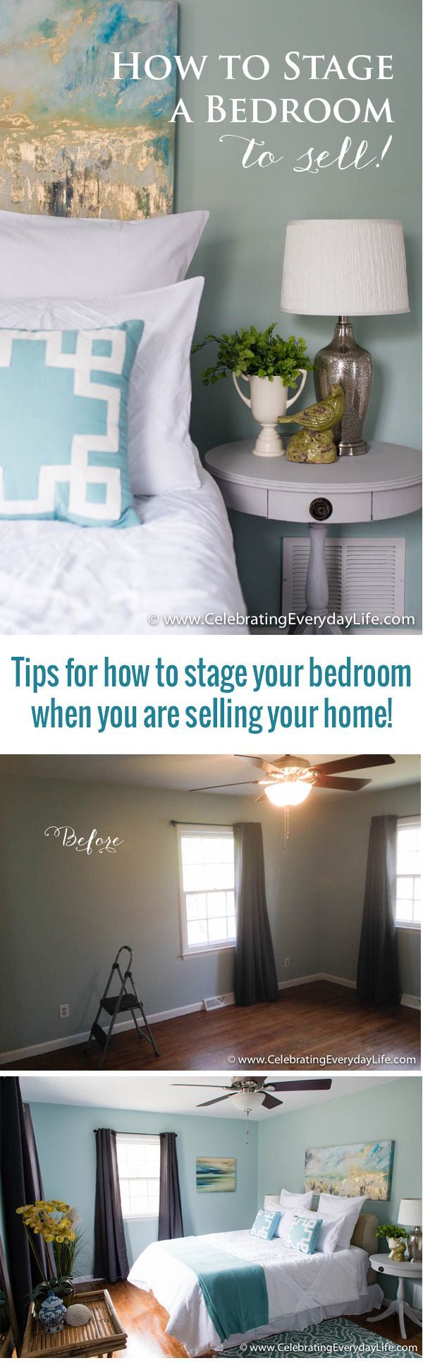 Tips for How to Stage your Bedroom to sell! Great ideas for refreshing your bedroom even if you aren’t selling.
