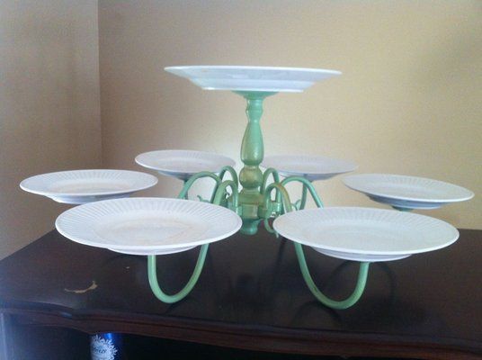 Vintage chandelier repurposed into cake dessert stand for wedding reception shower, teaparty, cupcakes