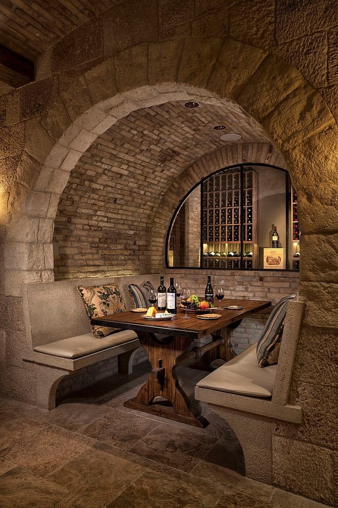 Wine cellar and celebration area… I am totally in love with this space! Love the wood & stone.