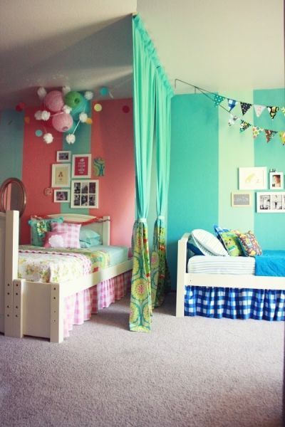 18 Shared Bedroom Ideas for Kids | Lil Blue Boo. Boy and girl shared room with divider via Life Made Lovely
