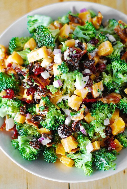 Broccoli salad with bacon, raisins, and cheddar cheese – maybe skip the bacon and sub cow’s milk cheddar with goat’s milk