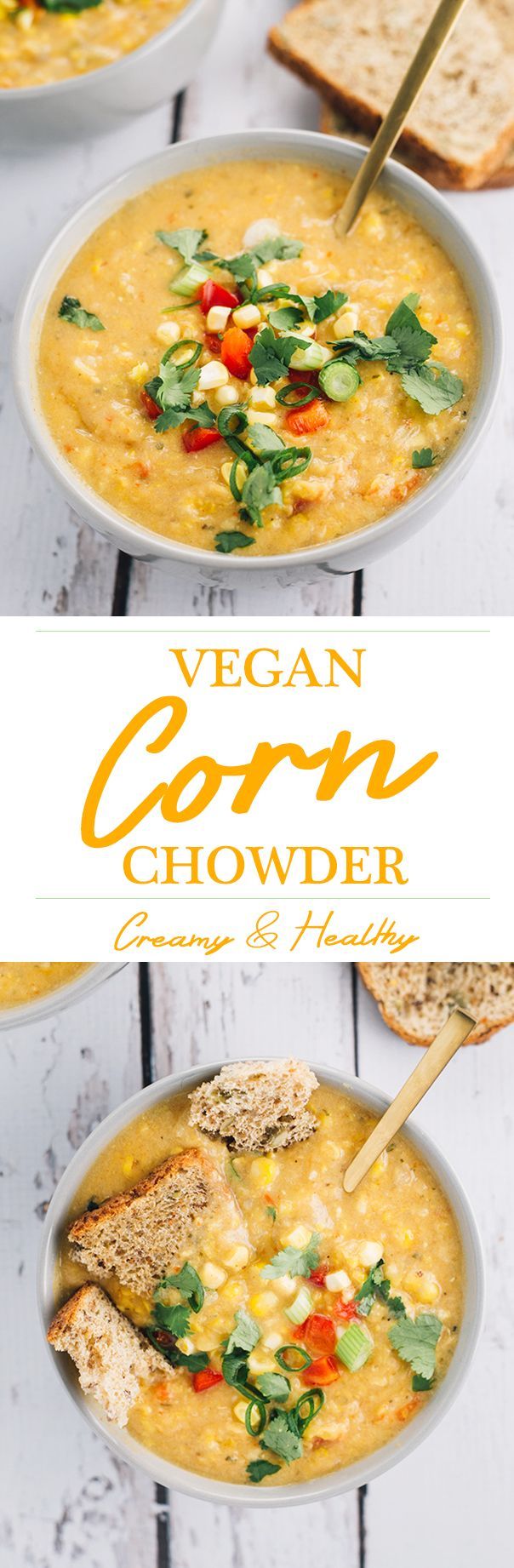 Creamy Vegan Corn Chowder – a quick, simple and healthy soup made with corn, potatoes, celery and red pepper.