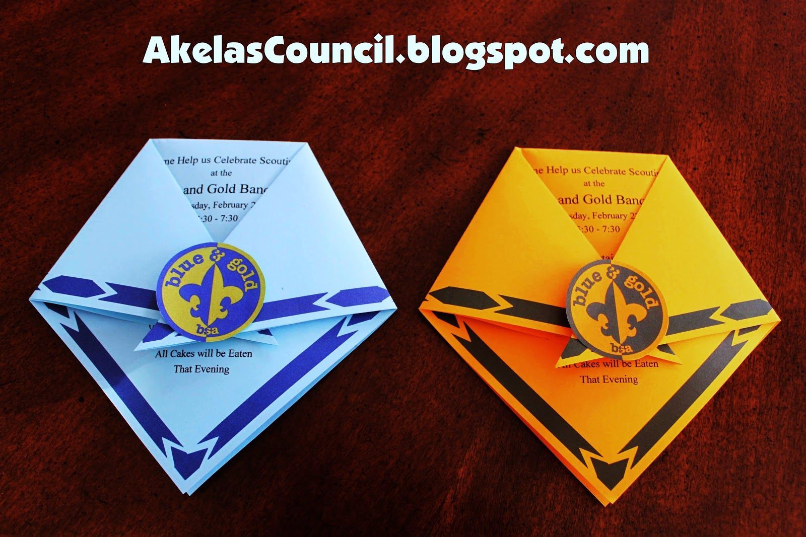 Cub Scout Blue & Gold Invitation Ideas that are PRINTABLE and look like Cub Scout Neckerchiefs.  This site has a lot of great Cub