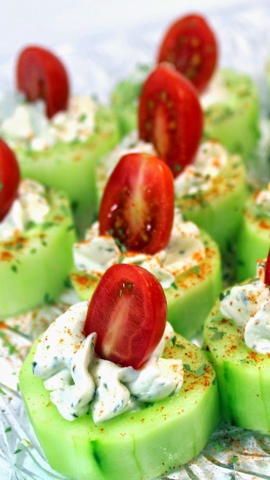 Cucumber Bites with Herb Cream Cheese and Cherry Tomatoes These are fantastic for a number of reasons… Beautifully colorful, a