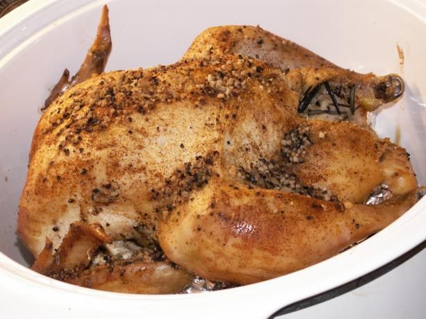 Easy Crock Pot Rotisserie Chicken – put foil wrapped potatoes on bottom so chicken roasts rather than boils in its juices