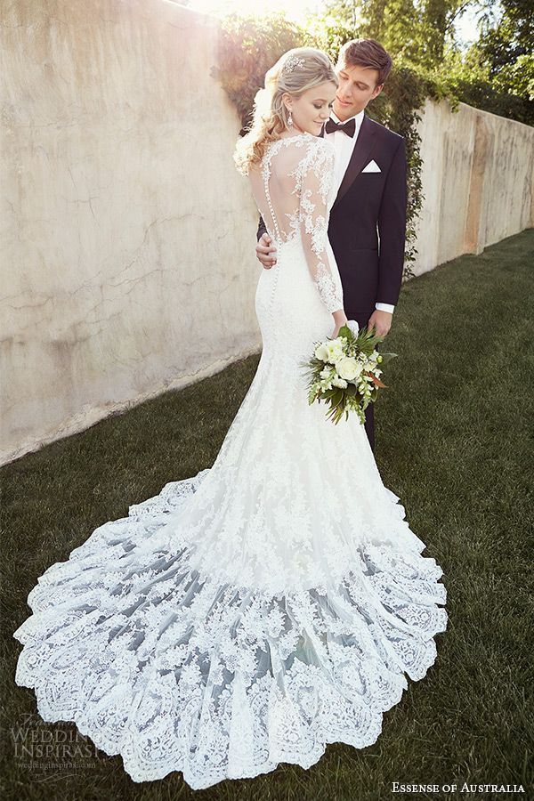 essense of australia wedding dress 2015 bridal bateau neckline long sleeves illusion back fit and flare gown