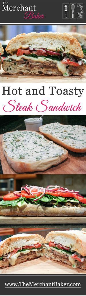 Hot and Toasty Steak Sandwich. Thinly sliced steak, gruyere, spinach, tomatoes and onions accented by a creamy basil mayo and