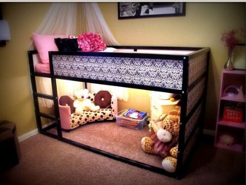 Kids rooms – great way to utilize space in a small room. Ikea bed- Turned upside down the bed quickly converts from a low to a