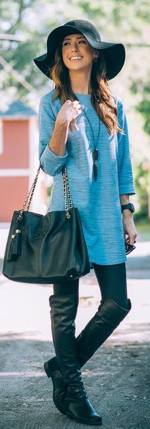 Light Blue Space Dye Tunic + Faux Leather Leggings + Over The Knee Flat Boots.