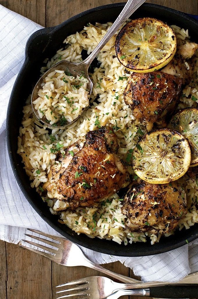 One Pot Greek Chicken with Lemon Rice – even the rice is cooked right in the same pan as the chicken!