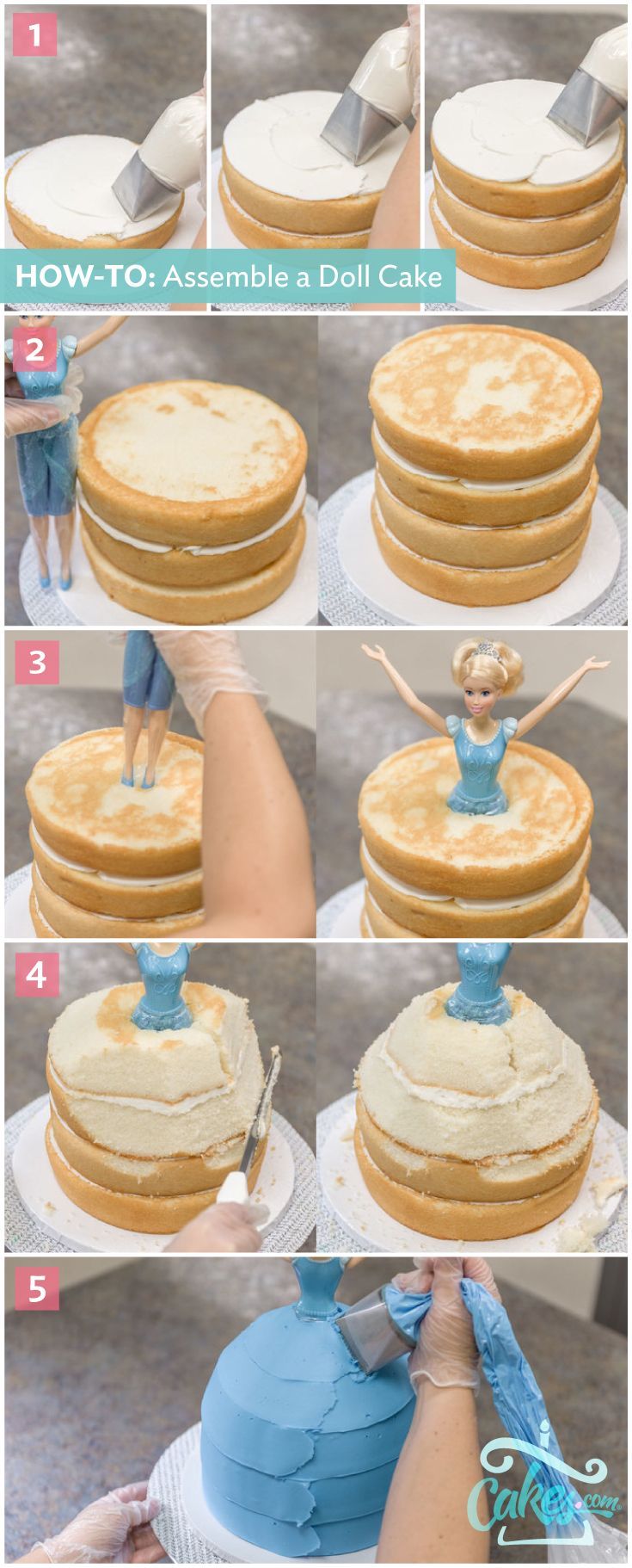 Pro Tip: To make a doll cake, stack cake layers until you reach your doll’s hips and then carve to create the shape of a skirt.