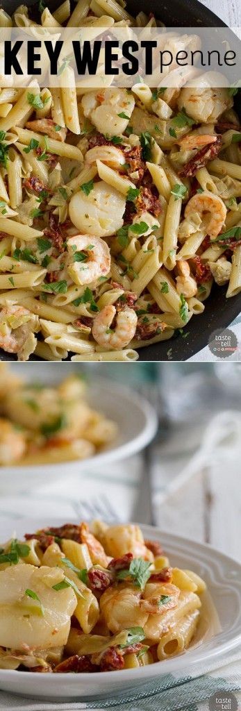 Restaurant quality food at home! This Key West Penne is filled with shrimp, scallops, sun-dried tomatoes and artichoke hearts in a