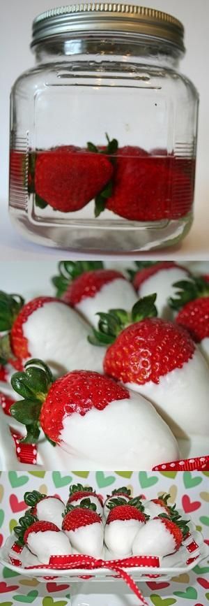 Soak strawberries in whipped cream flavored vodka for 24 hours then dip in melted chocolate and let set.Takes Chocolate Covered