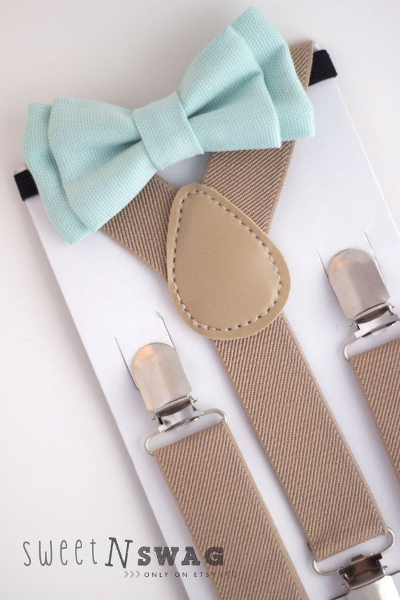 SUSPENDER & BOWTIE SET.  Newborn – Adult sizes. Beige / Tan suspenders. Mint bow tie