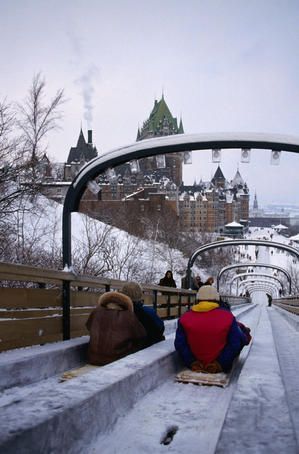 The toboggan slide near the historic landmark Frontenac Hotel in Quebec City, Canada.
