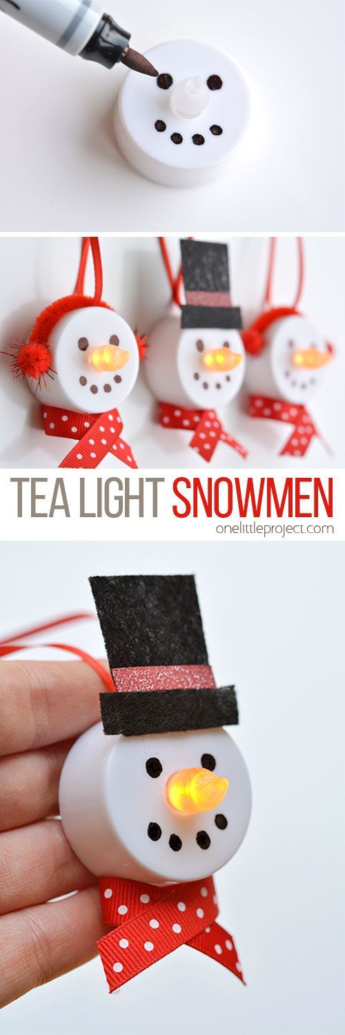 These tea light snowman ornaments are really easy to make and they look ADORABLE! Turn on the tea light and the “flame” becomes