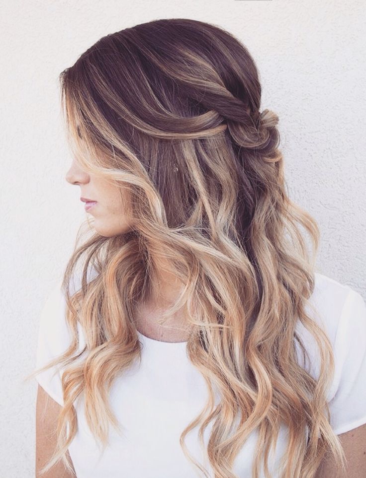 This balayage ombre faded hair color is beautiful. The long layers, curls, and half up-do finishes this look. (Pinterest: